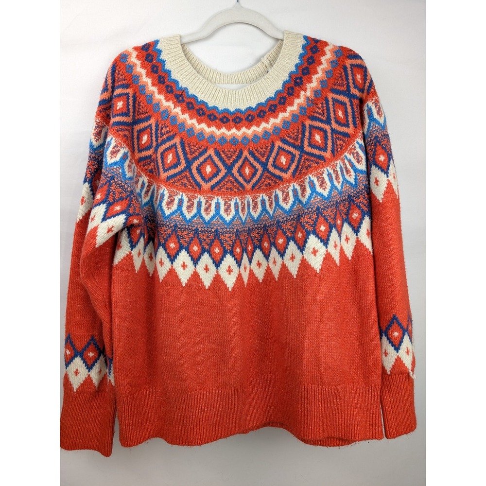 Womens Fair Isle Geometric Sweater Size XL Red Crew Apre Ski Cottagecore Nordic
